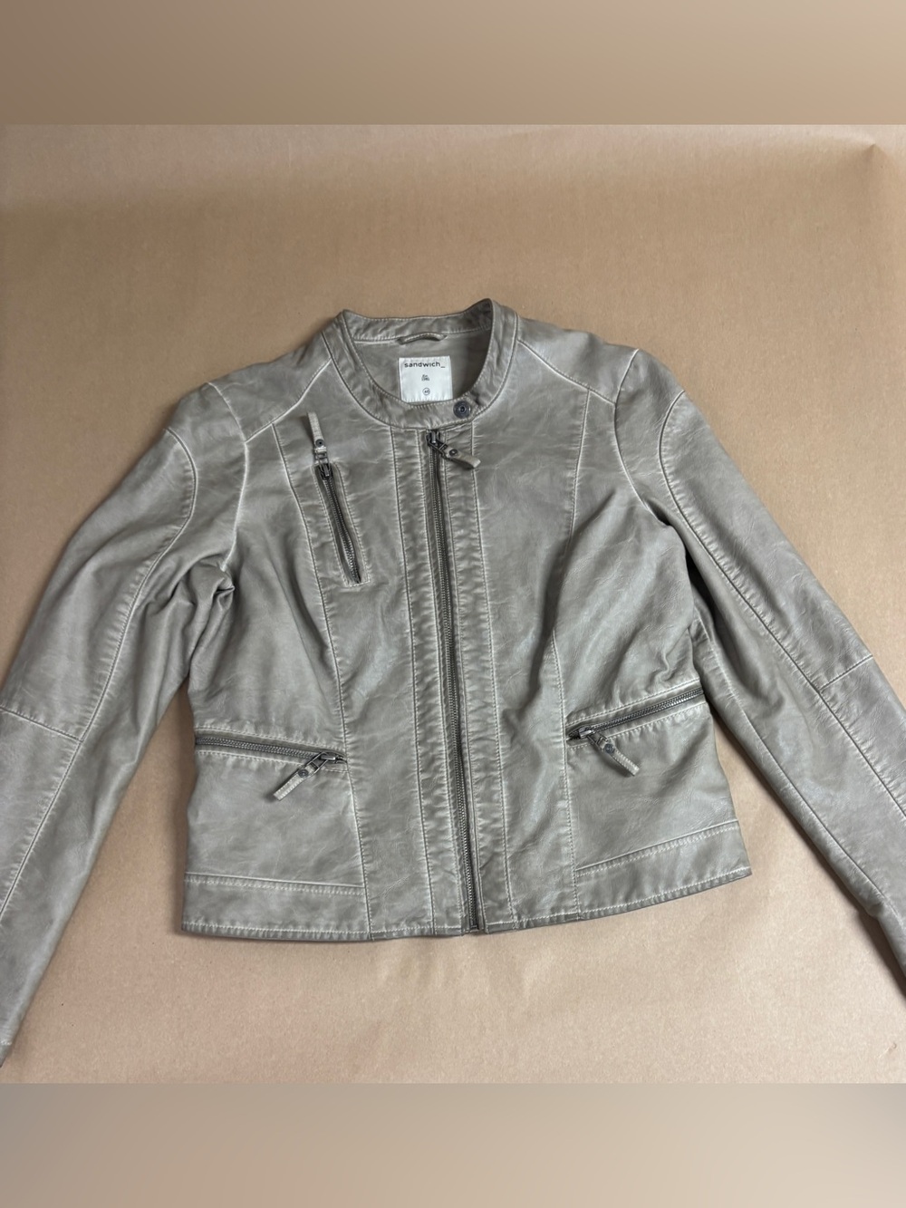 Sandwich_ Grey Distressed Faux Leather Moto Jacket Zip Front Sz 40/10